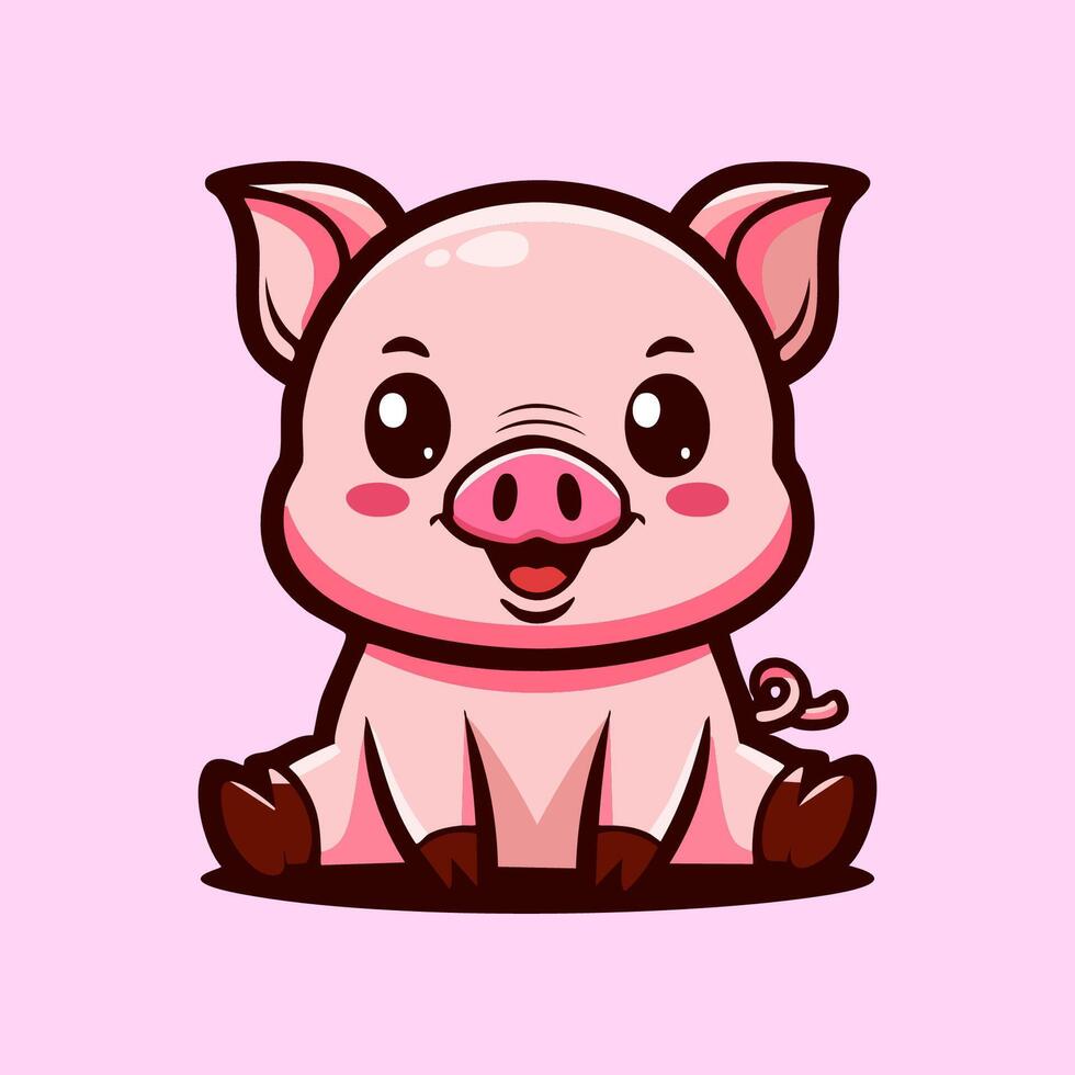 Cute pig cartoon mascot sitting simple minimalist flat isolated character vector