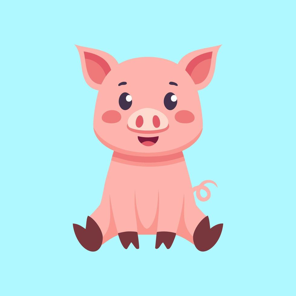 Cute baby pig cartoon mascot sitting simple minimalist flat isolated character vector