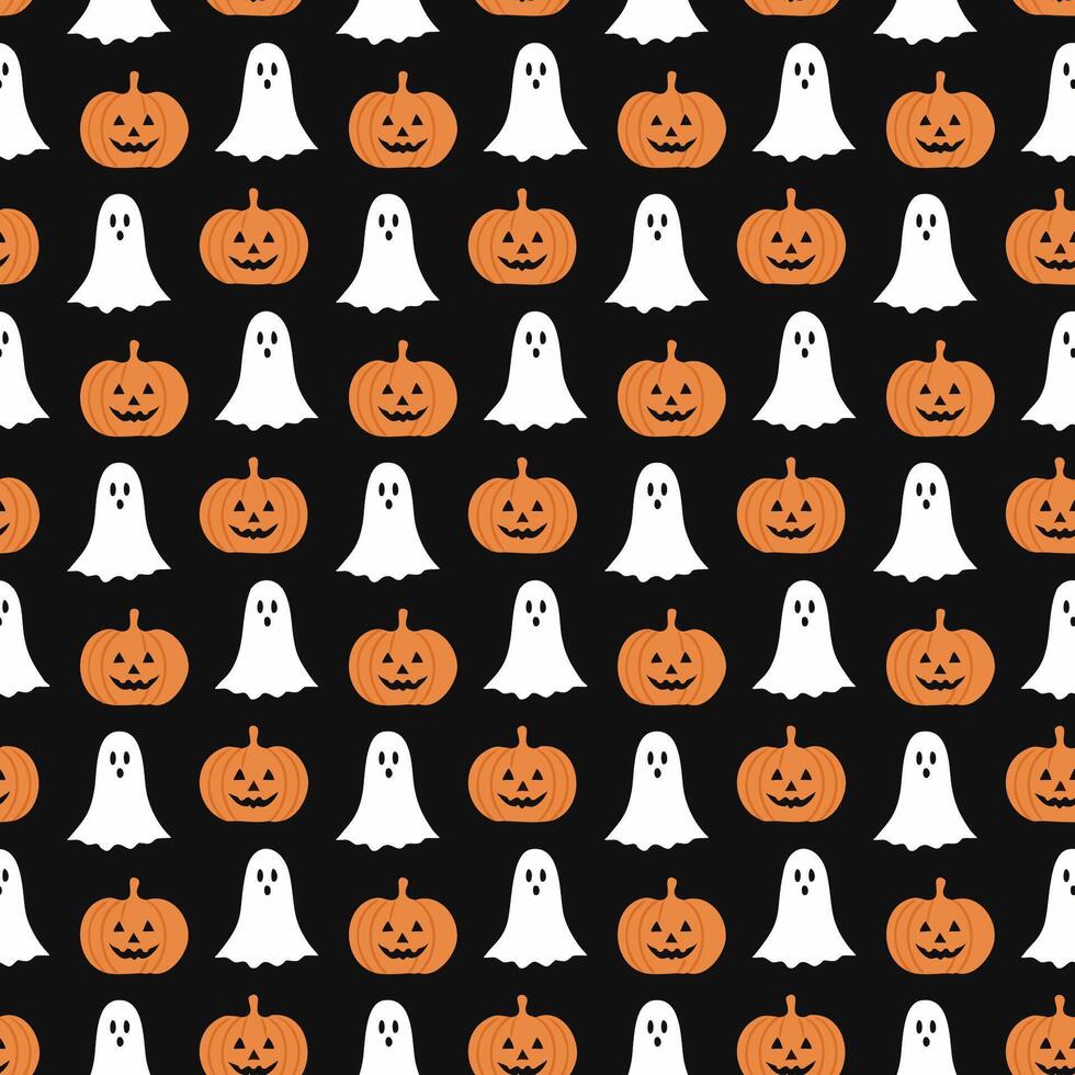 A seamless pattern with Halloween pumpkins and ghosts on black background vector