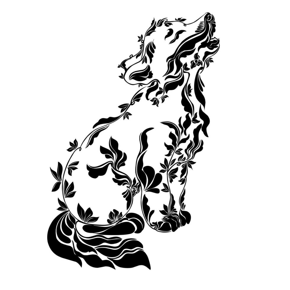A black and white drawing of a dog with flowers vector