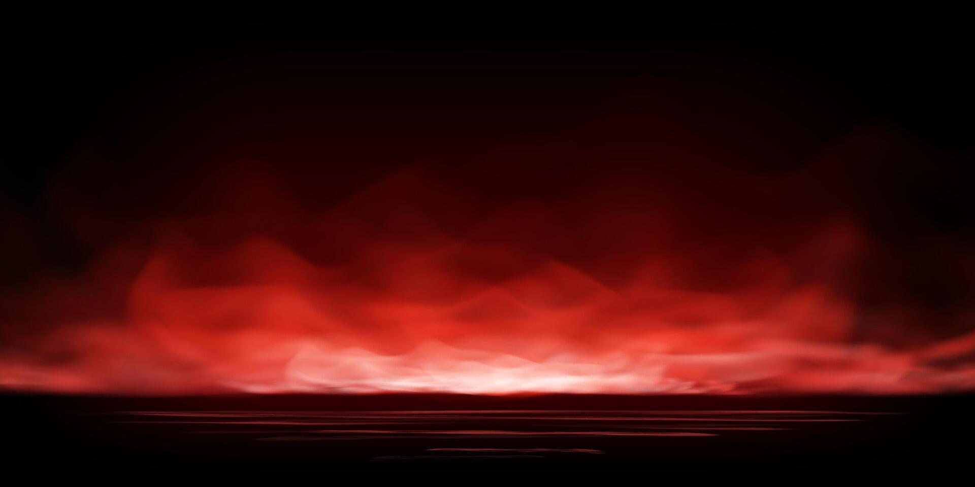 Realistic red smoke or haze with overlay effect on black background. Hot fiery mist or magical vapor rising from floor. Abstract illustration of atmospheric fog or burning steam. vector