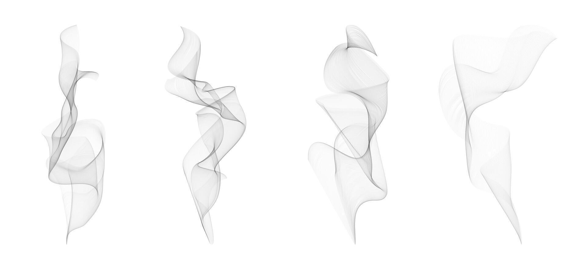 Set of realistic wavy smoke or steam from hot food and drinks. design elements of smog or fog isolated on white background. Soft vapor effect for culinary or atmospheric visuals. vector