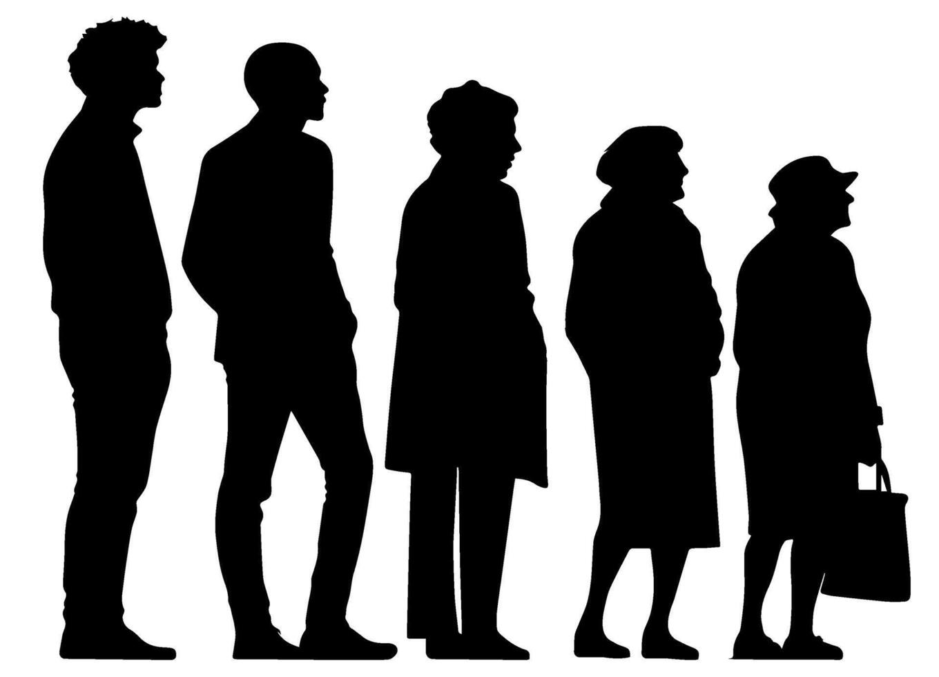 Silhouettes of people standing in line, one holding a bag vector