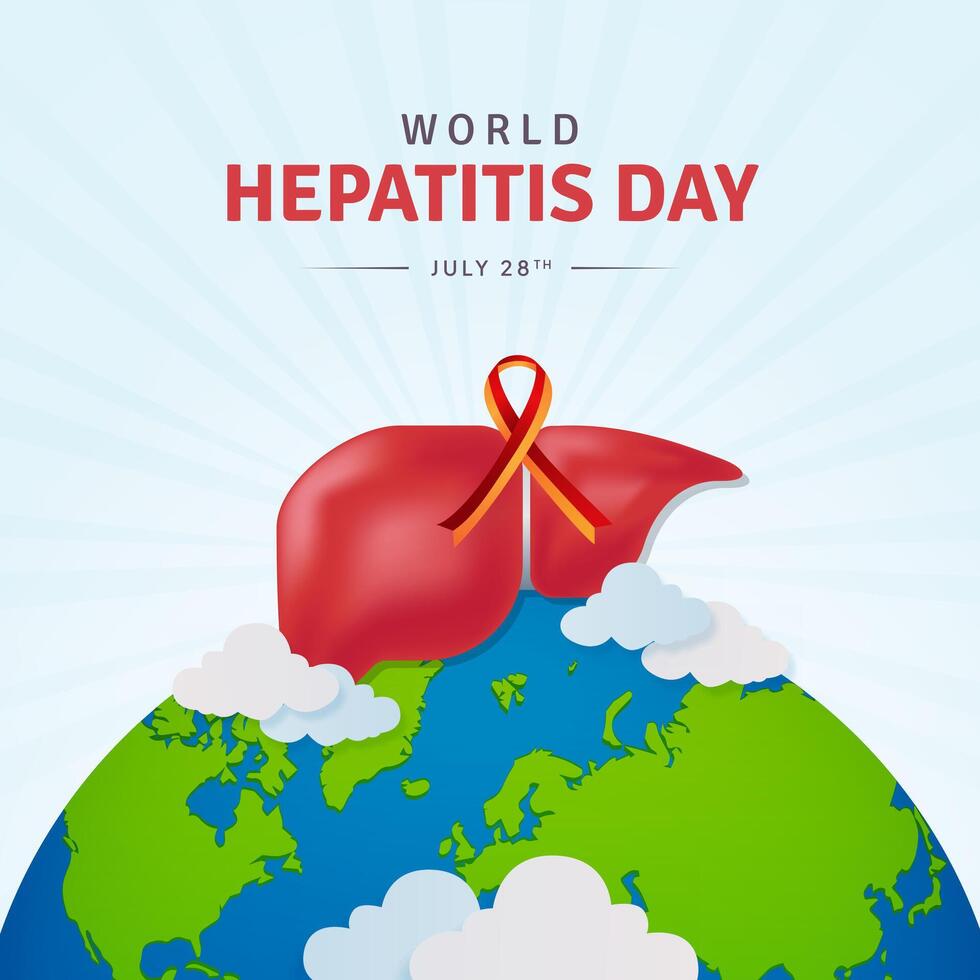 World Hepatitis day July 28th with liver and ribbon illustration on globe with sunburst background vector