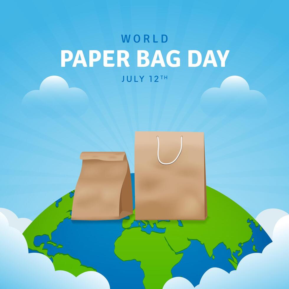 Happy World Paper Bag Day July 12th with paper bag and globe illustration on sunburst background vector