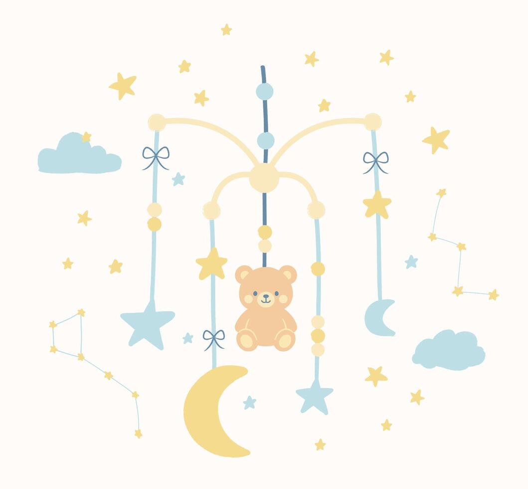 Teddy Bear Mobile with Moon and Stars vector