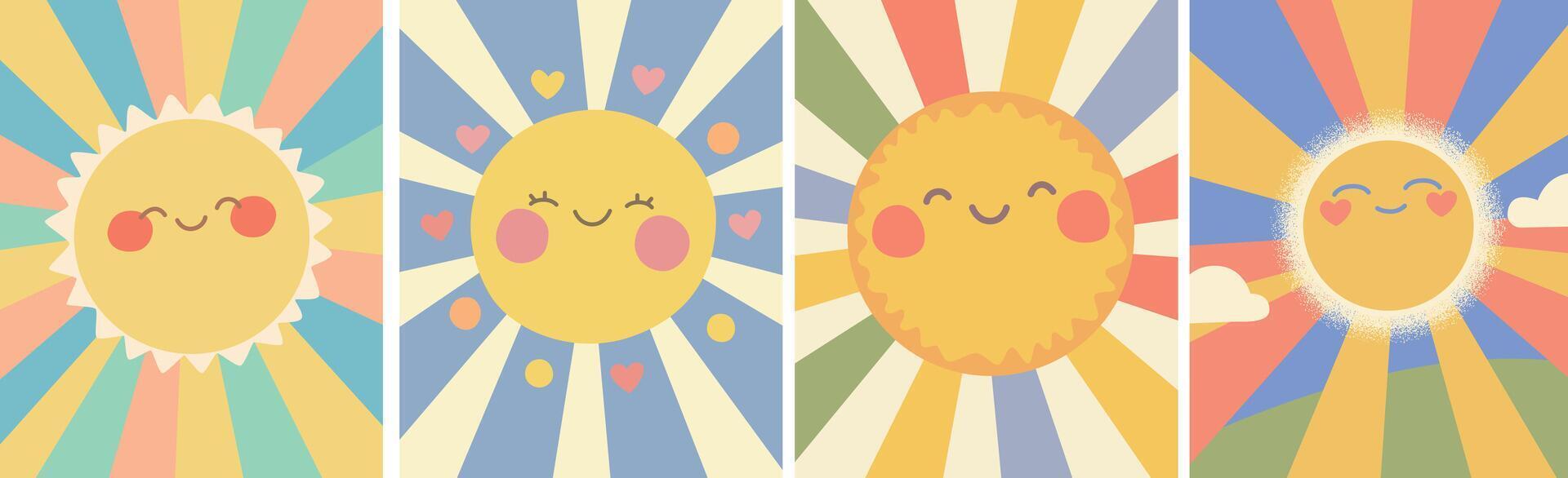 Cute smiling sun illustration collection with colorful rays and soft pastel backgrounds vector
