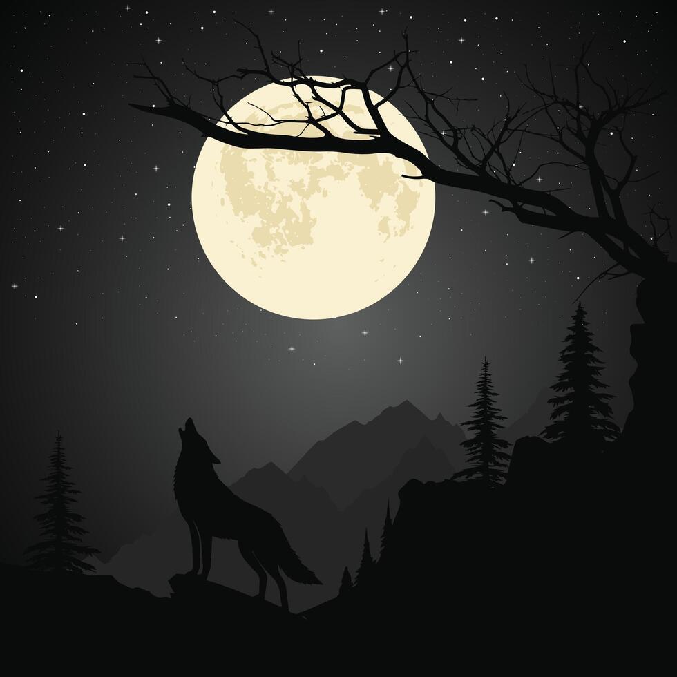 A wolf howling on a mountain under a starlit full moon sky , framed by dark pine trees and mountain ridges. A gnarled, bare tree branch stretches across the moon. vector