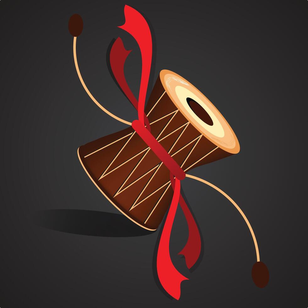A stylized illustration of a traditional Indian percussion instrument known as the Dugdugi or Damru, often used in folk music and spiritual rituals.Red ribbons and two beaters attached to its side vector
