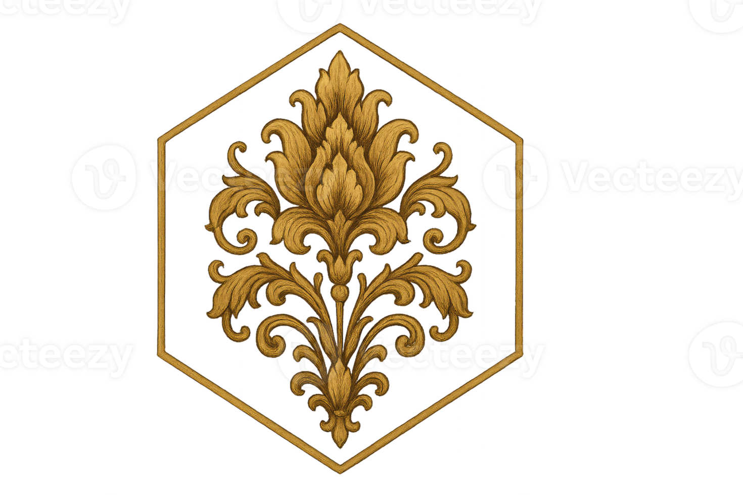 Ornate Damask Design with Floral Elements in Elegant Hexagon Shape png