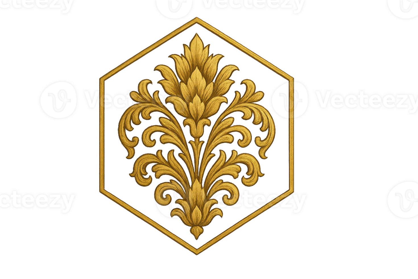 Ornate Gold Damask Floral Design in Hexagonal Frame png