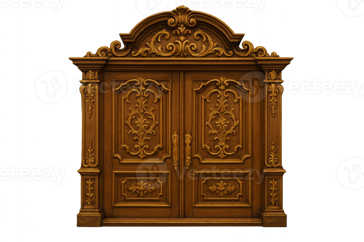 Ornate Wooden Cabinet Design with Intricate Patterns in Isolation png