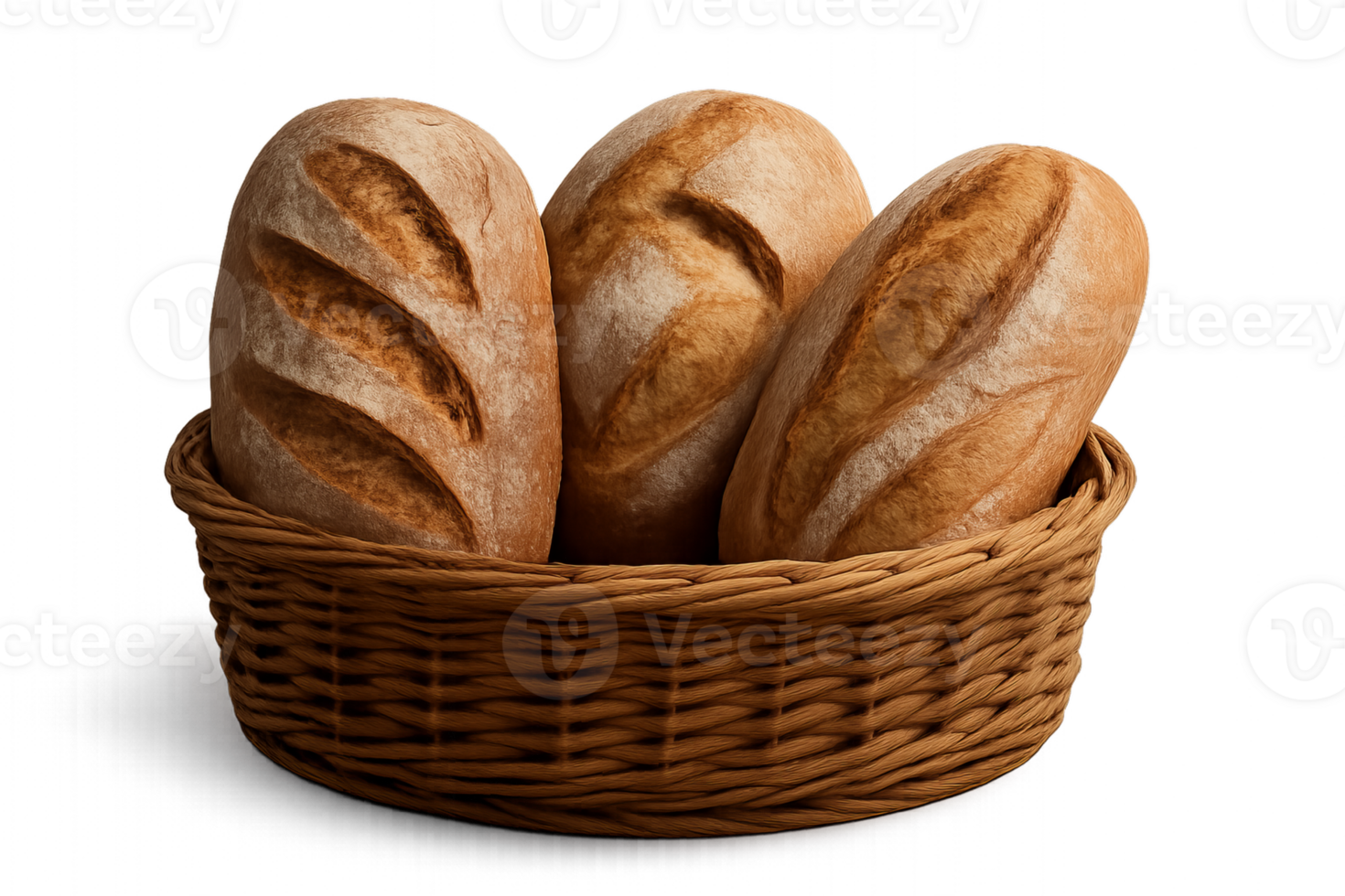 Fresh Handmade Breads in a Rustic Basket on a Simple Background png