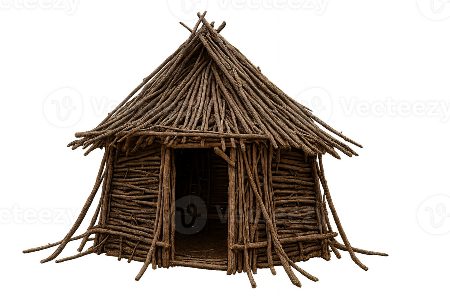 Handmade Rustic Hut Constructed from Natural Branches and Twigs png