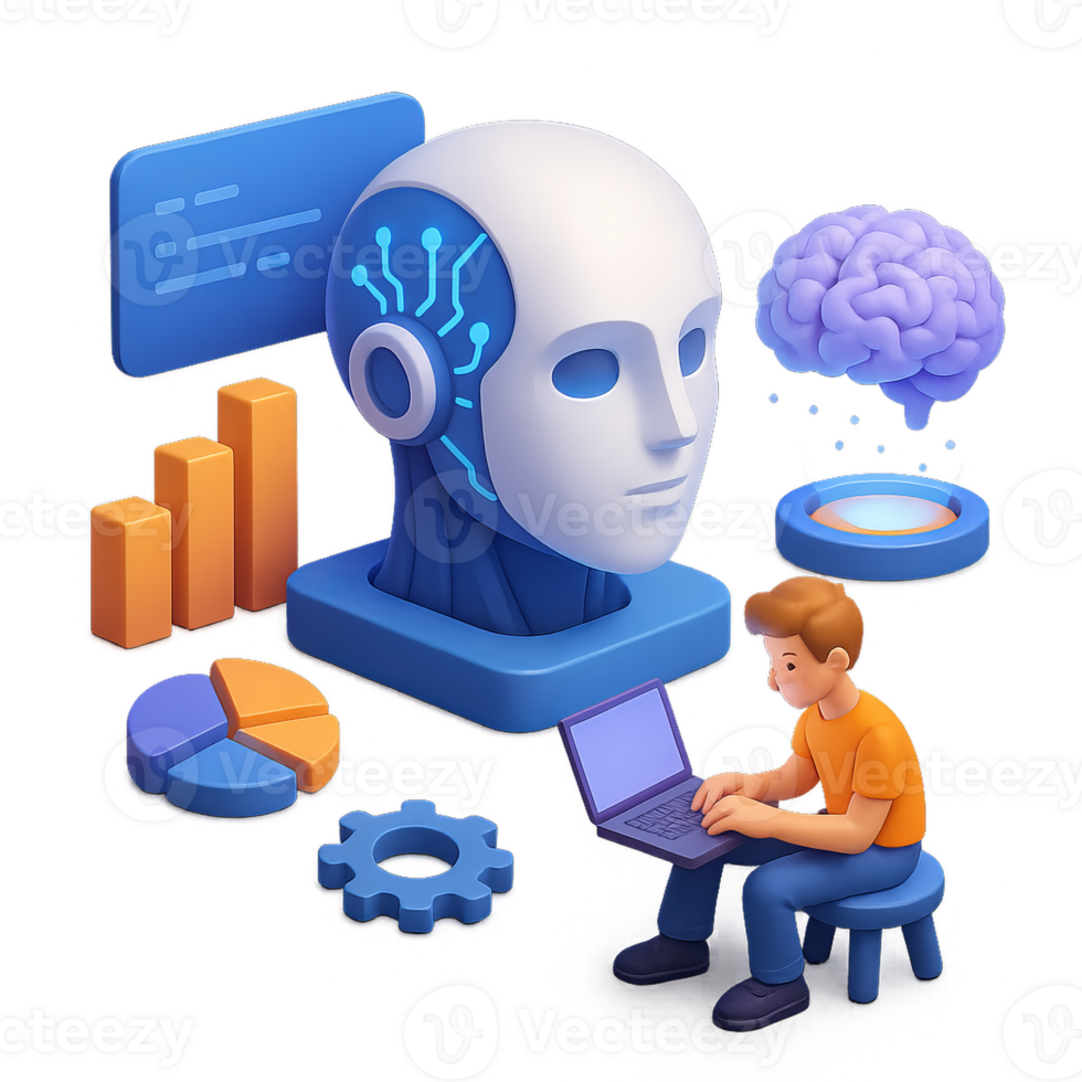 A man sitting on a laptop with an artificial head and a brain png