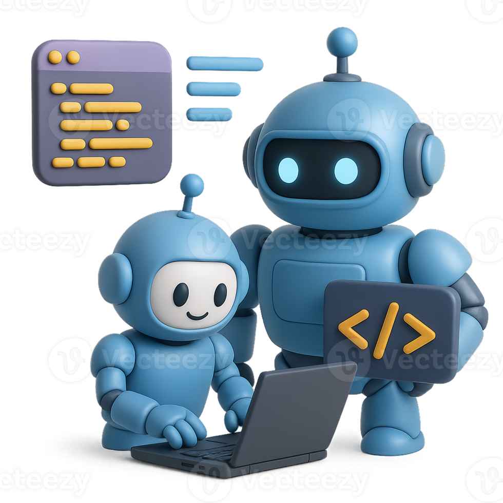 A robot and a child working on a laptop png