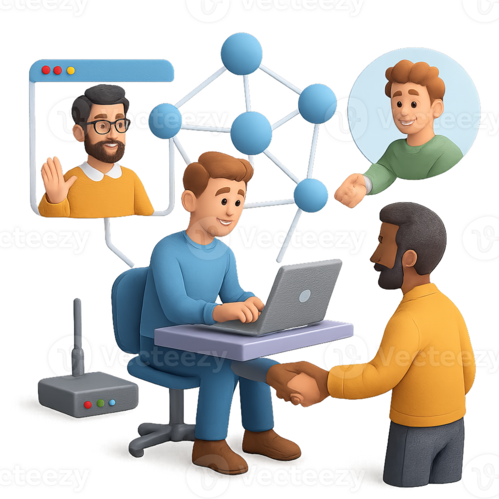 Two men are talking on a laptop and one is shaking hands with another png