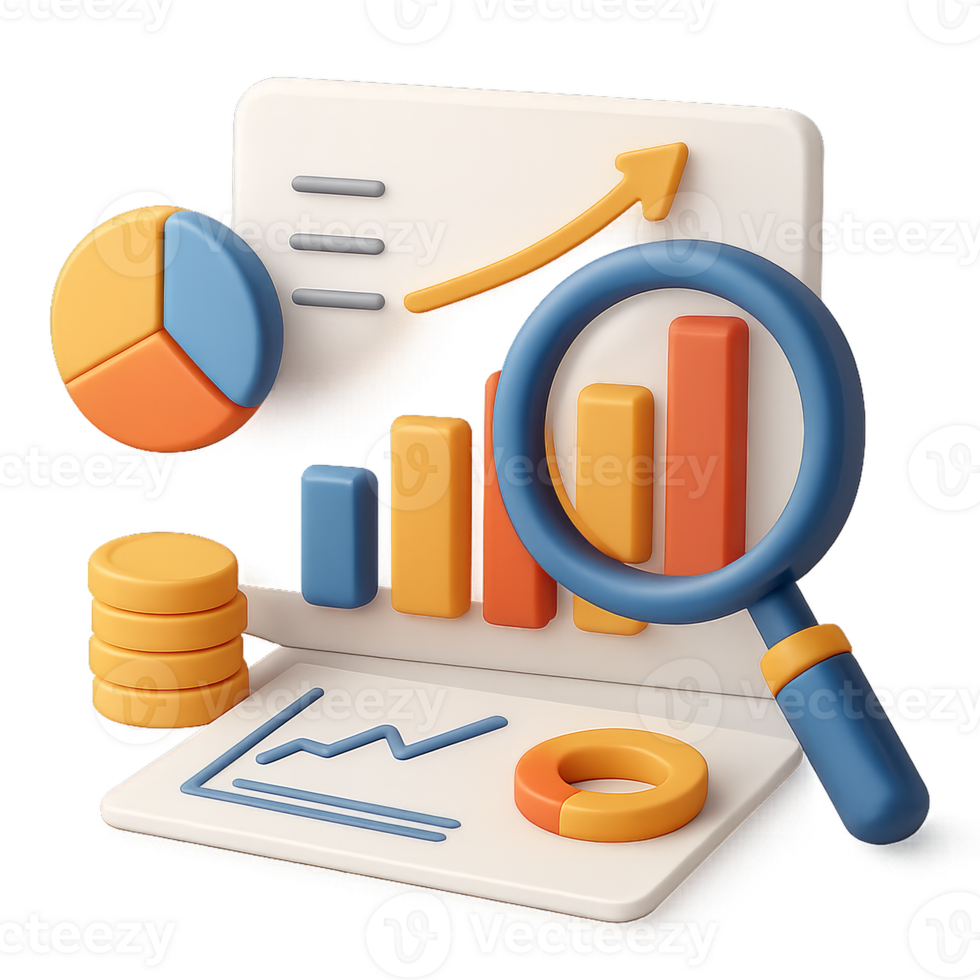 3d illustration of a laptop with a magnifying glass and a graph png
