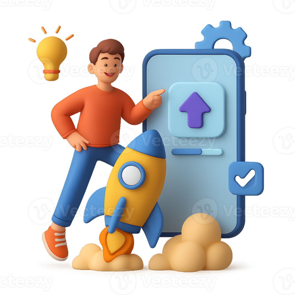A man is holding a rocket and pointing to an up arrow png