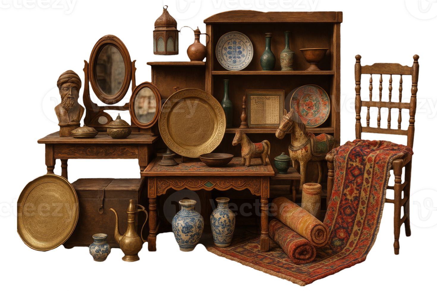 Antique Handicraft Display in Traditional Shop Setting with Artifacts png