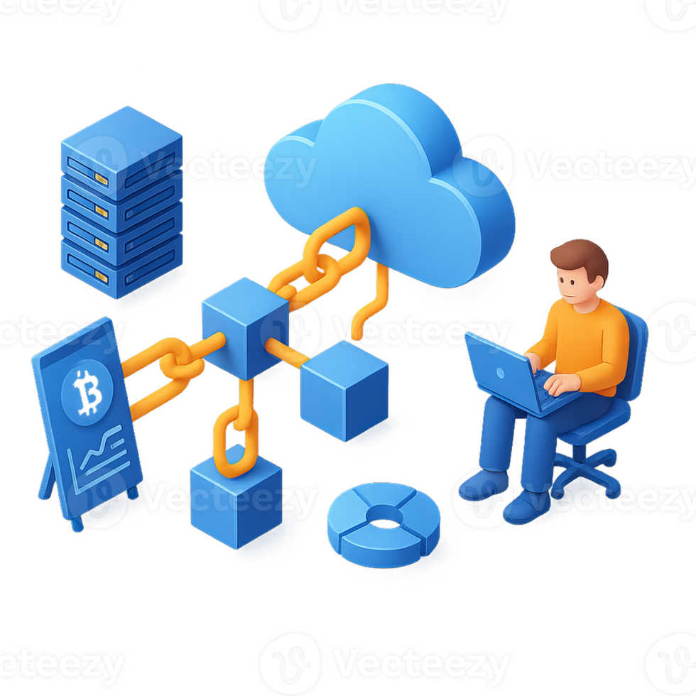 A man sitting on a laptop with a cloud and a computer png
