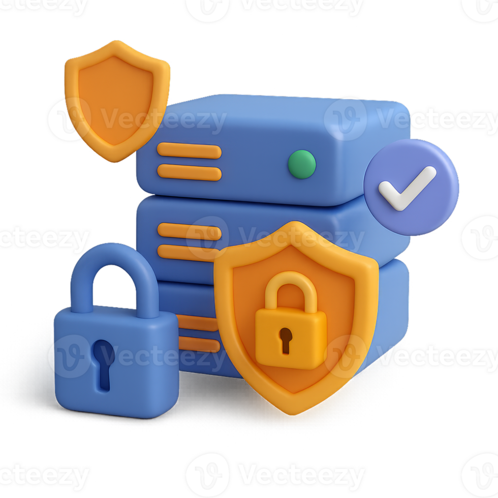 A stack of servers with a padlock and a shield png