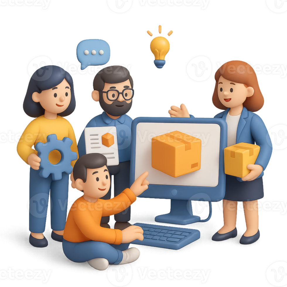 People working on a computer with boxes on it png