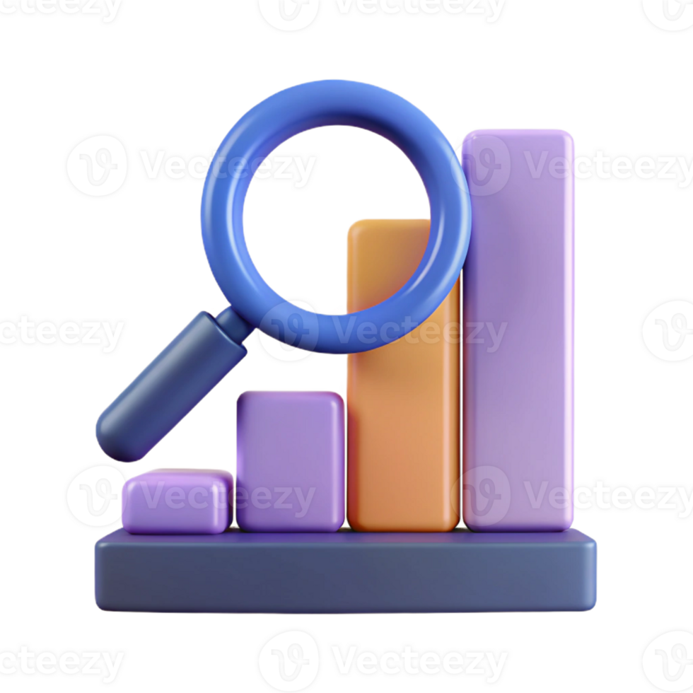 vibrant joyful mid-century Magnifying glass icon over a bar graph. Minimal, flat color with Scalable Design. perfect clarity png