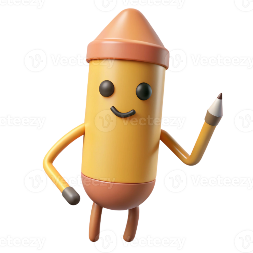 nostalgic enchanting Pencil character with pointed tip, eraser end. Scalable, flat color, single-weight stroke with Scalable Design. luxury png