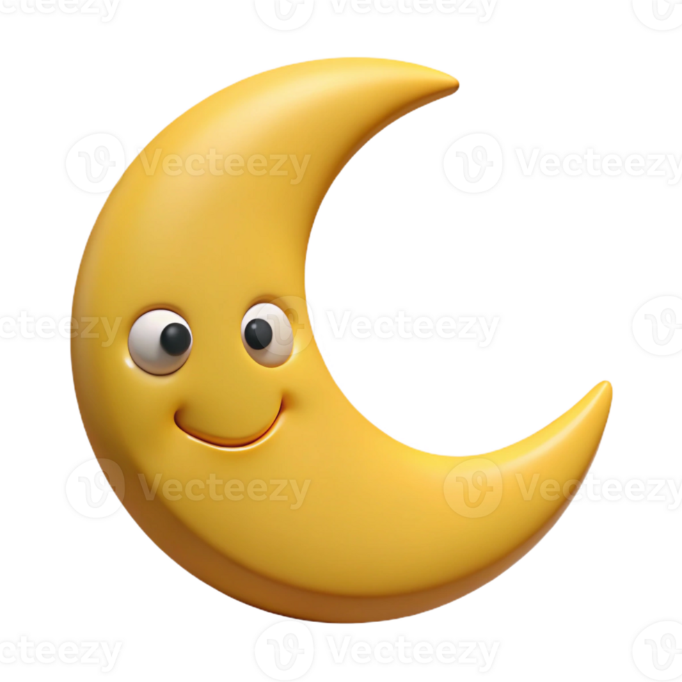 stunning distinctive Smiling crescent moon character with pointed tips. Clean lines, flat yellow color with Scalable Design. png
