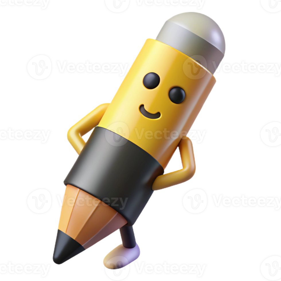 sumptuous energetic contemporary Pencil character with a pointed tip, flat yellow and black, crisp edges with Scalable Design. handcrafted png