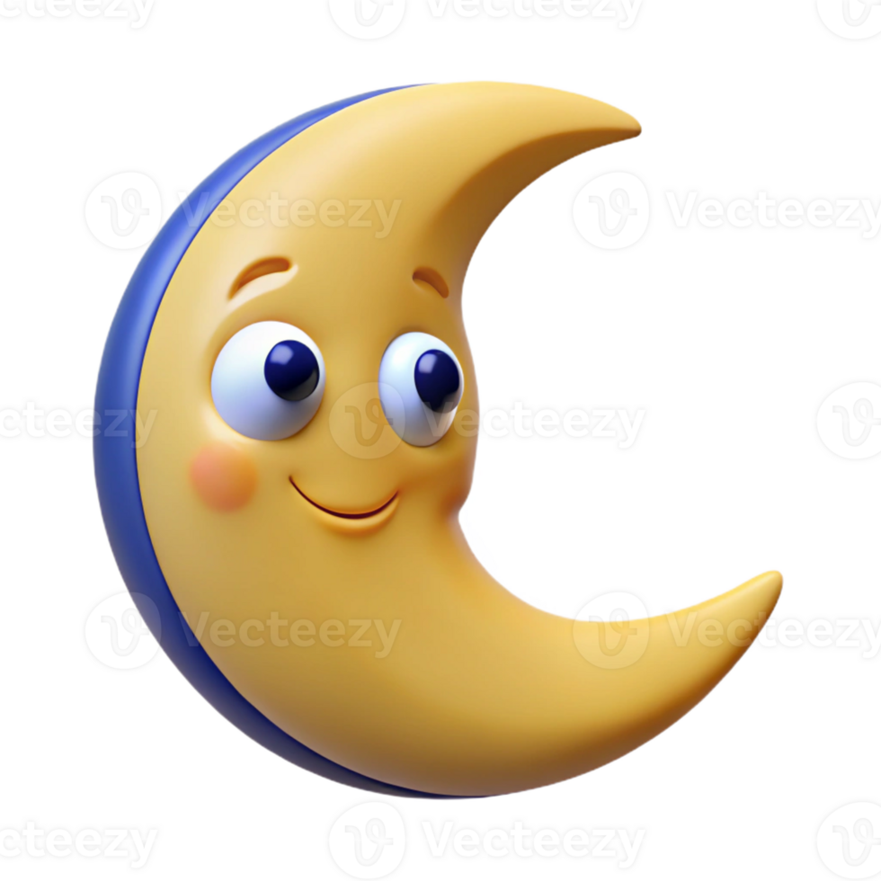 stunning passionate renaissance Smiling crescent moon character, round eyes, pointed tips. Clean lines, flat color, minimal design with Scalable Design. expertly shot png