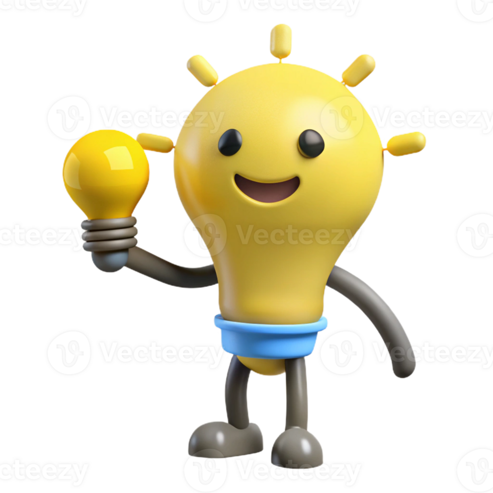 reflective gorgeous Lightbulb character with a bright idea, flat yellow, with Scalable Design. handcrafted png