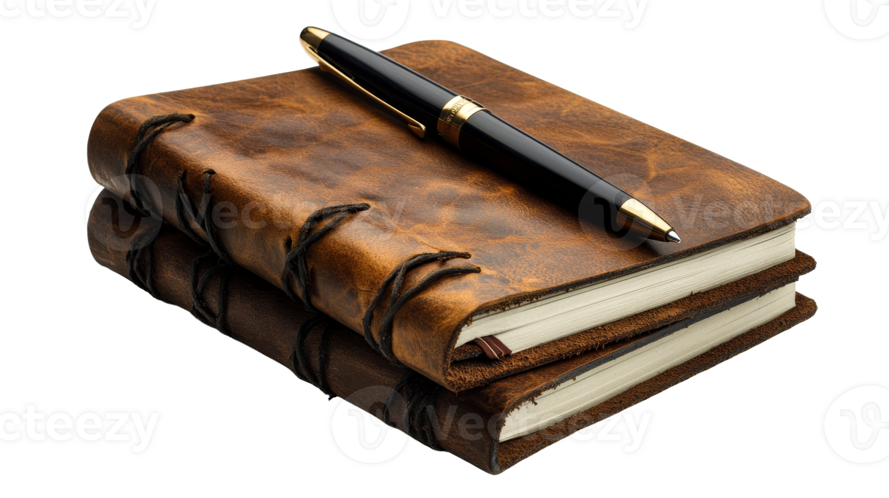 Elegant leather journals with pen on table png