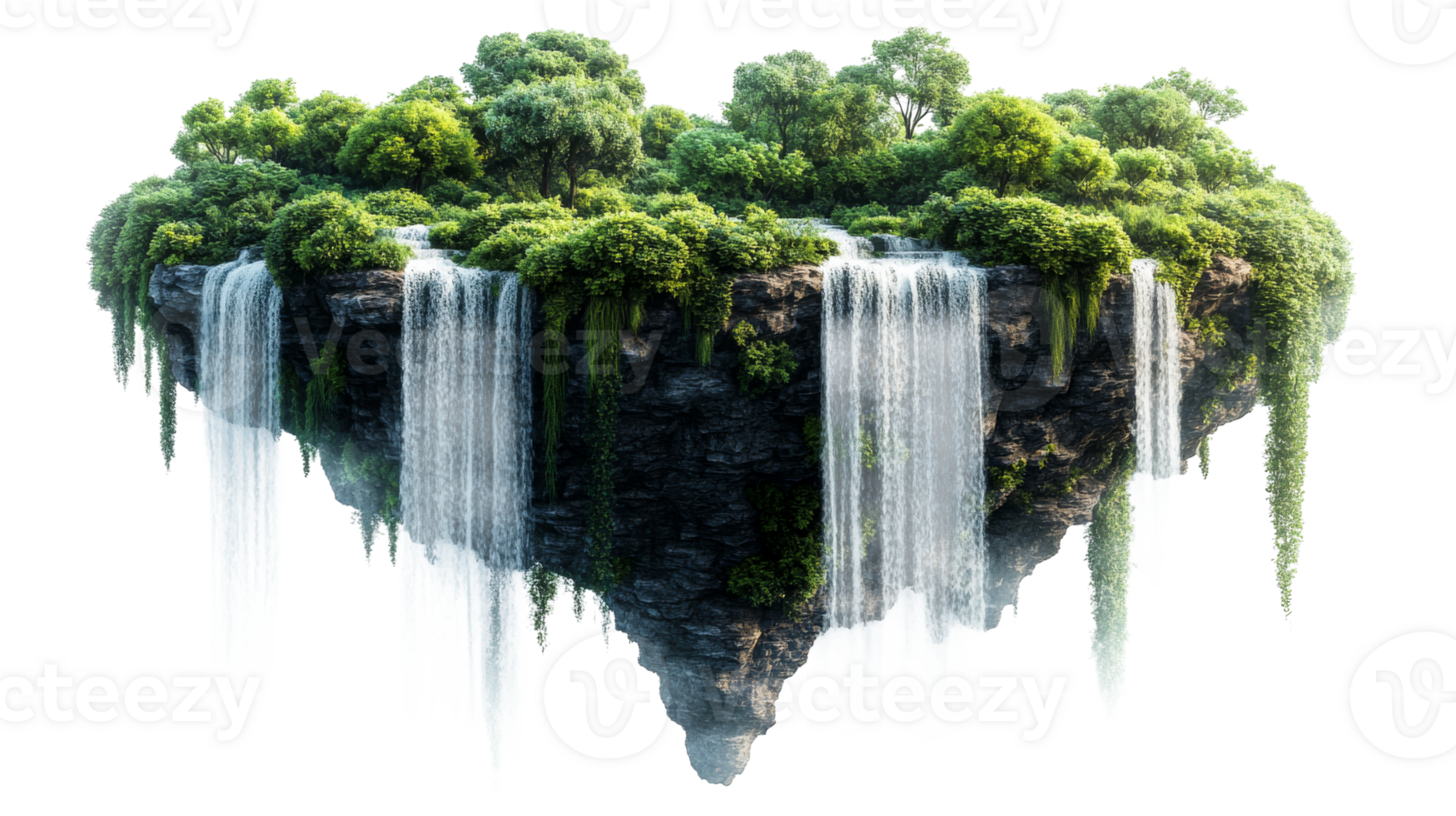 Lush floating island with waterfalls png