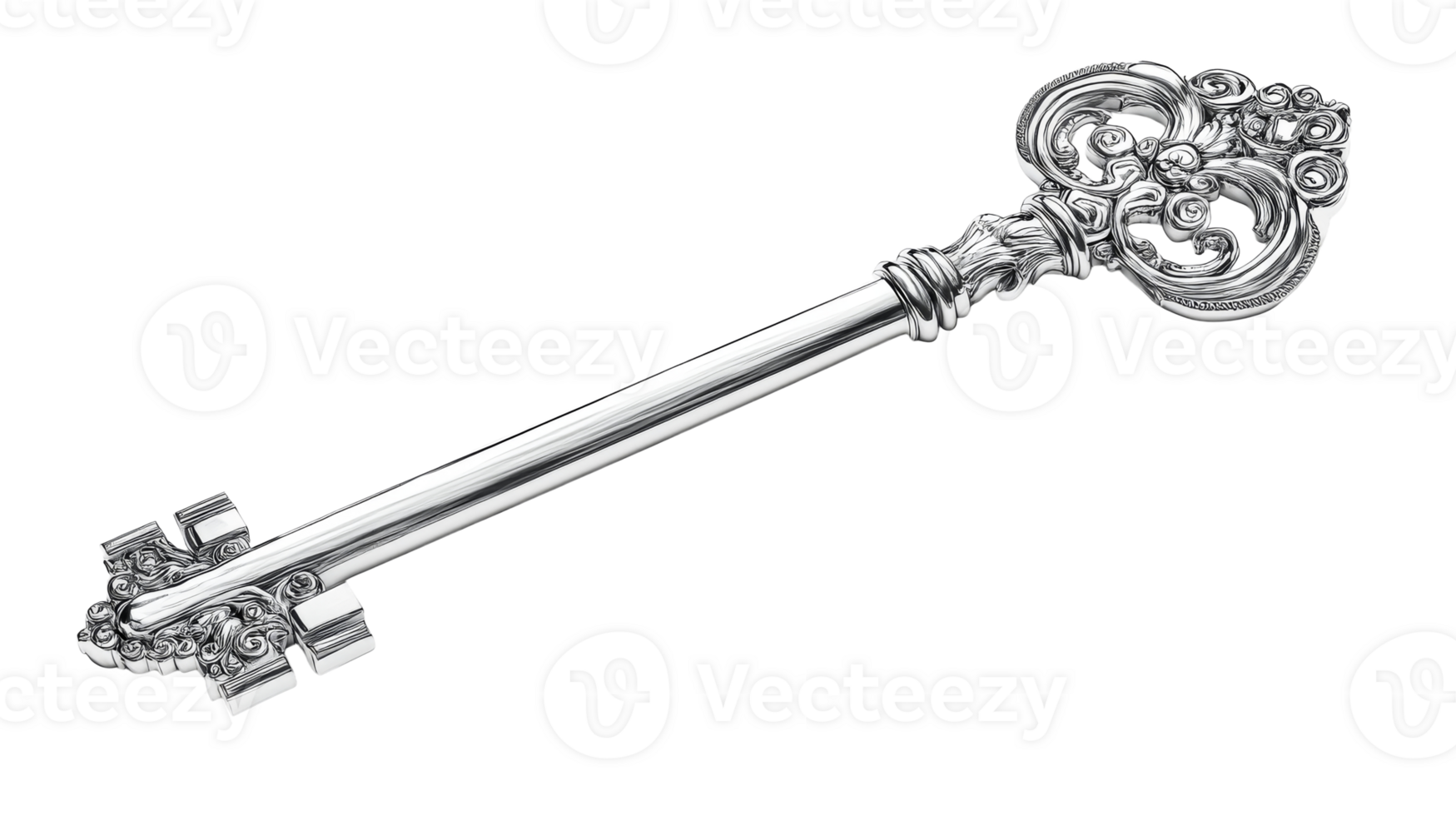Intricate silver key with ornate design displayed png