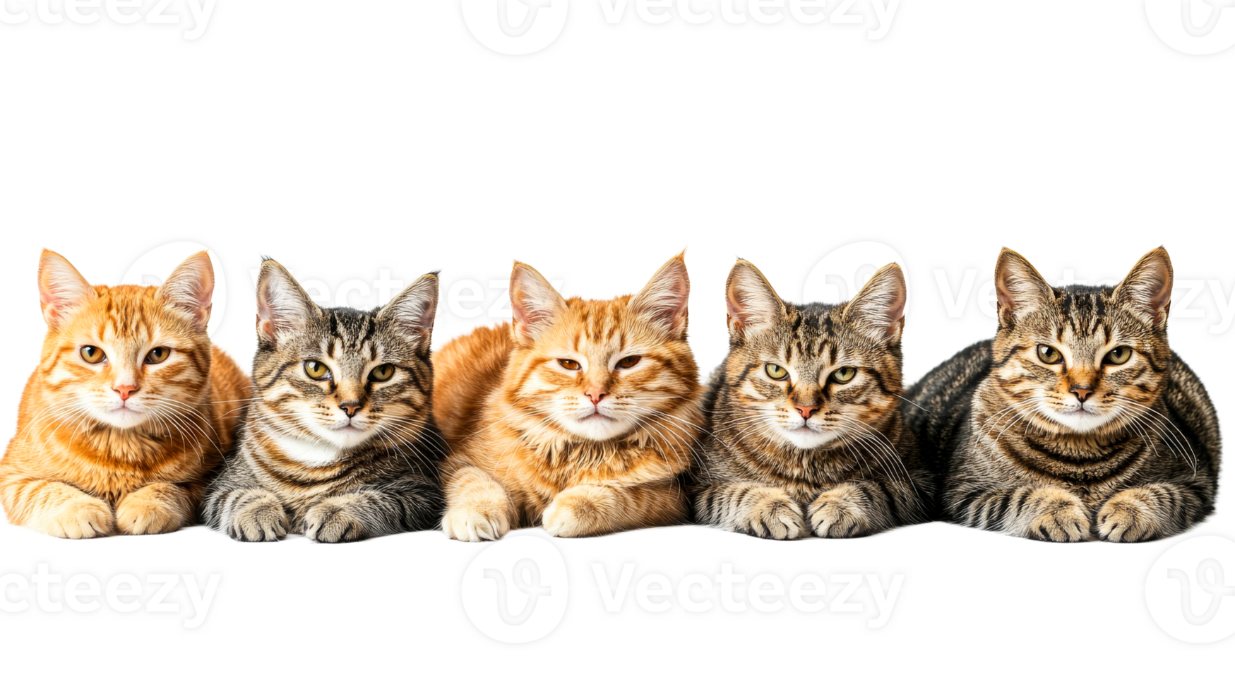 Five cats posing together on a white background png