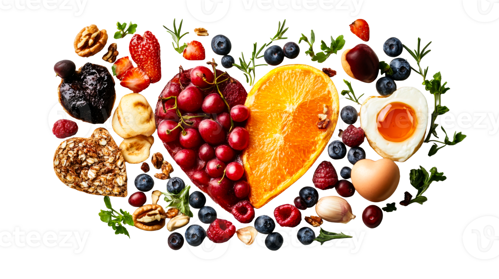 Colorful heart made of fresh fruits and nuts png