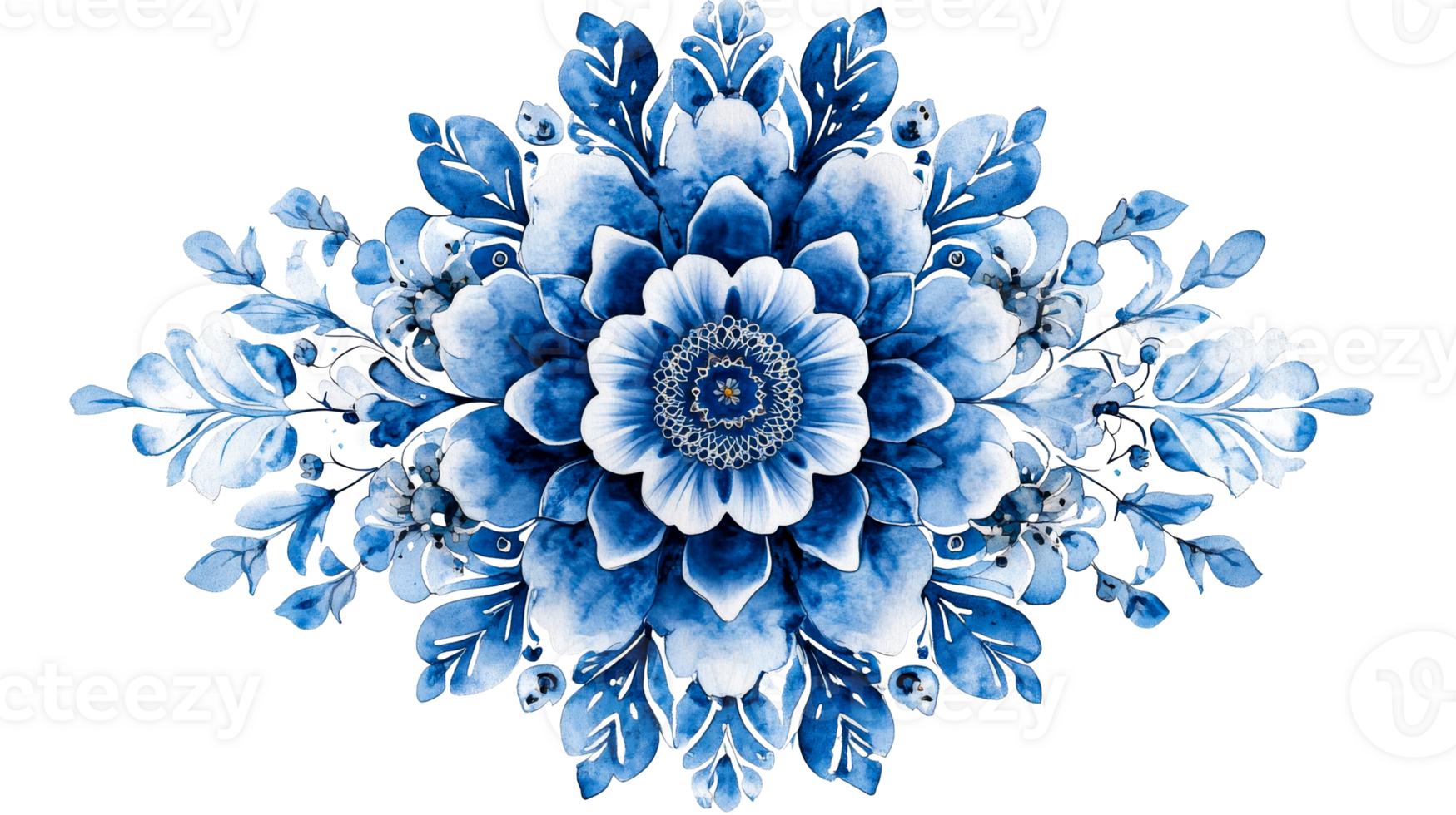 Intricate blue floral design with delicate leaves png