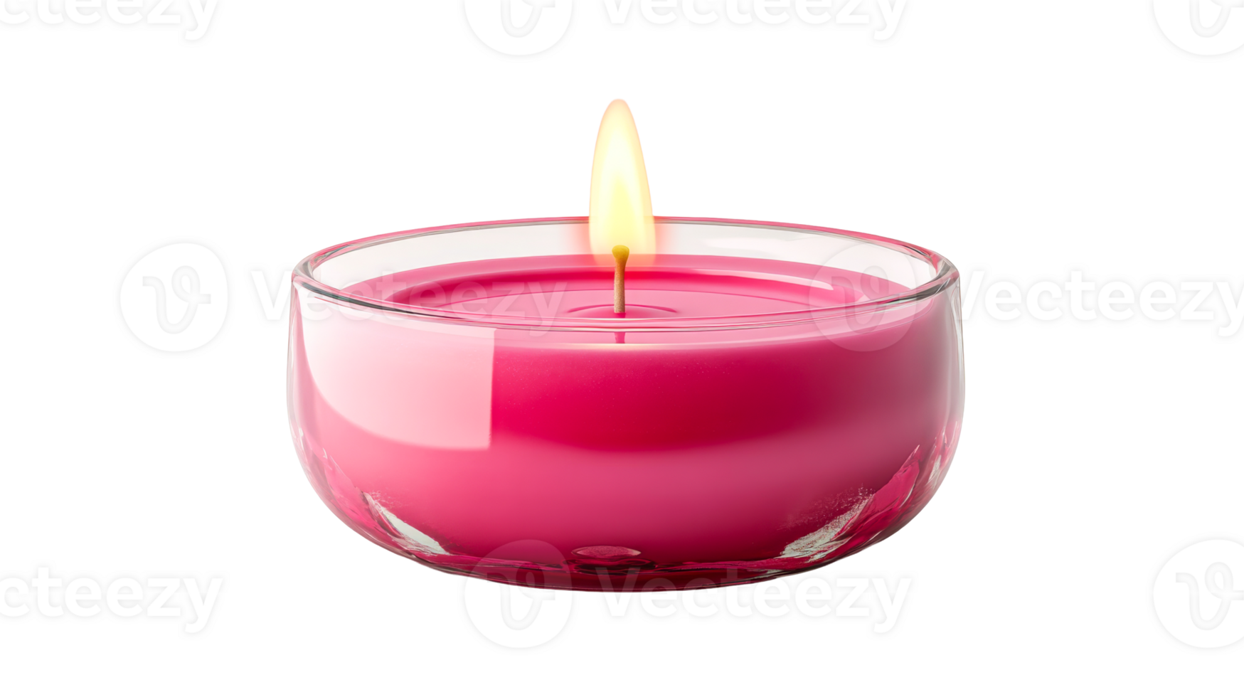 Pink candle burns in transparent holder on a table png