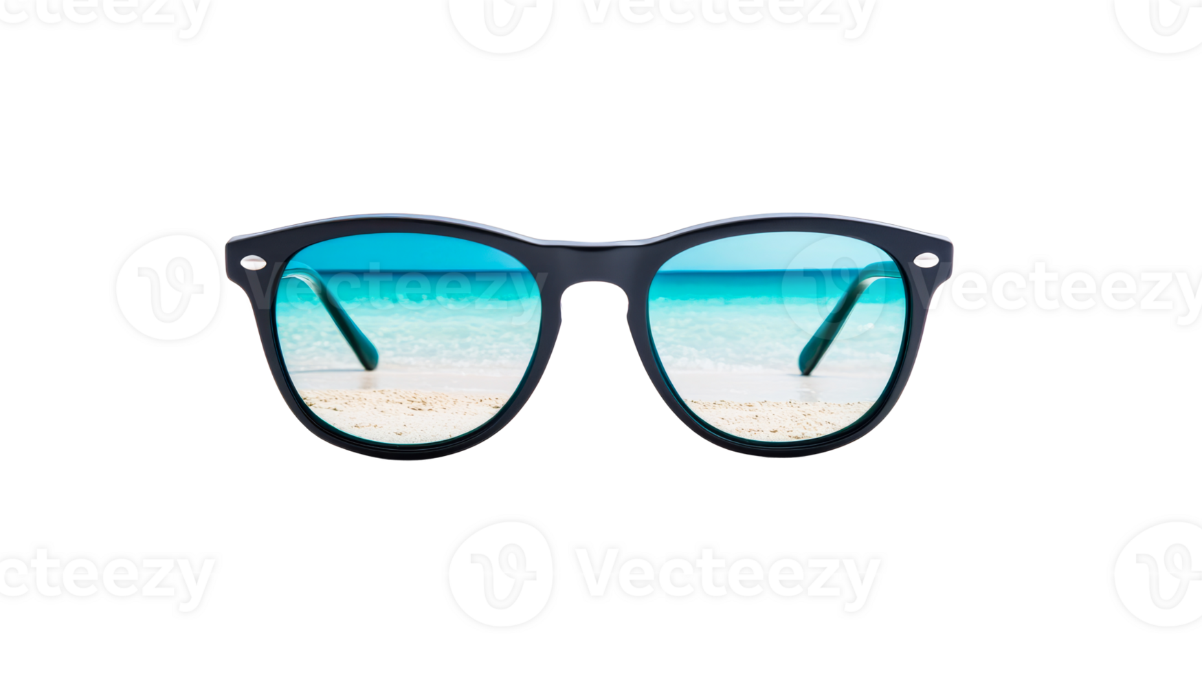 Sunglasses with ocean view reflection on beach png