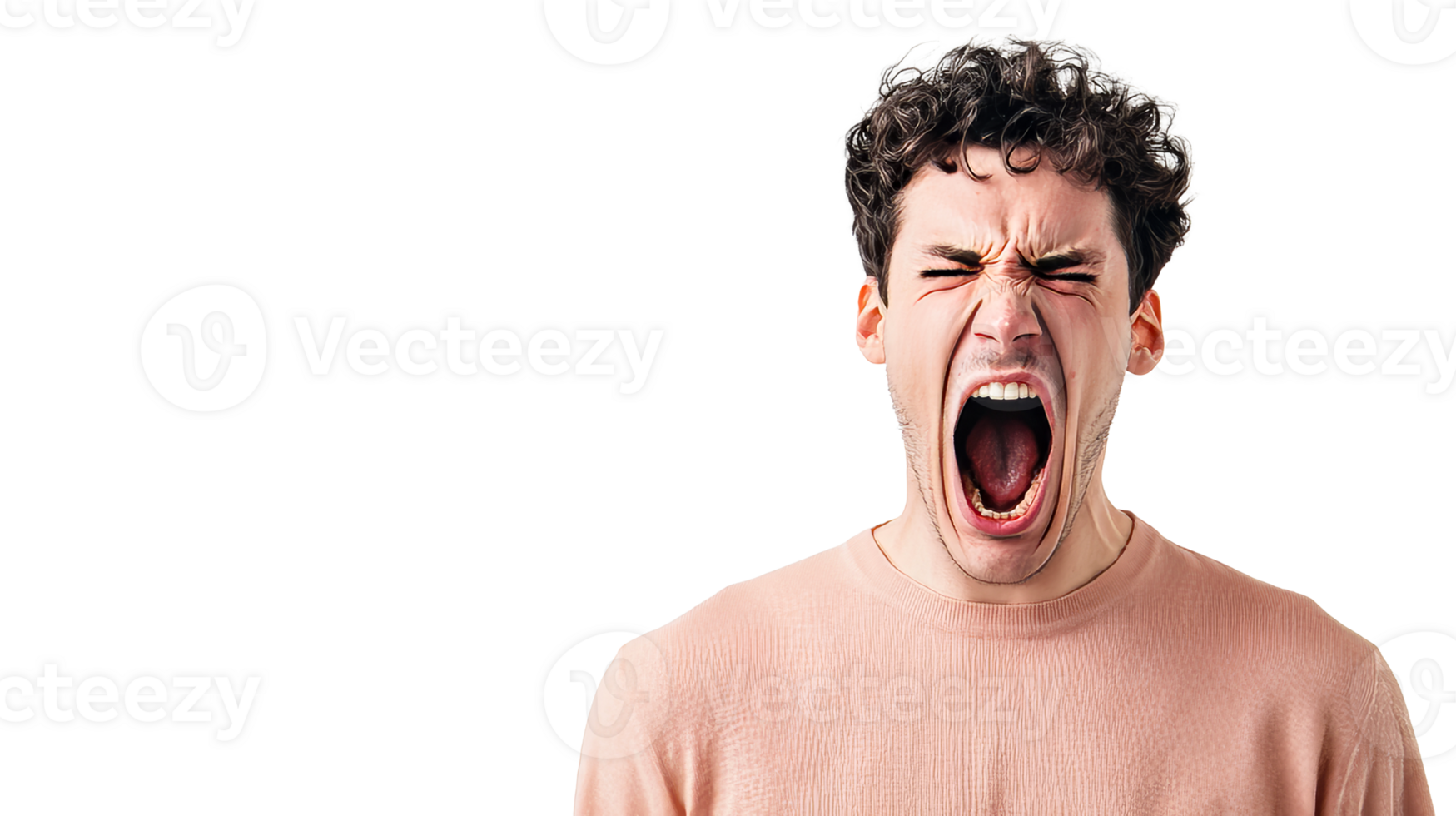 Young man yawning in a relaxed indoor setting png
