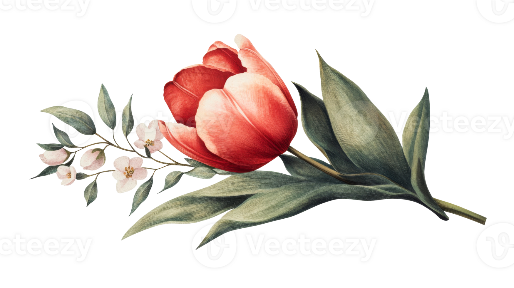 Beautiful red tulip with delicate white flowers png