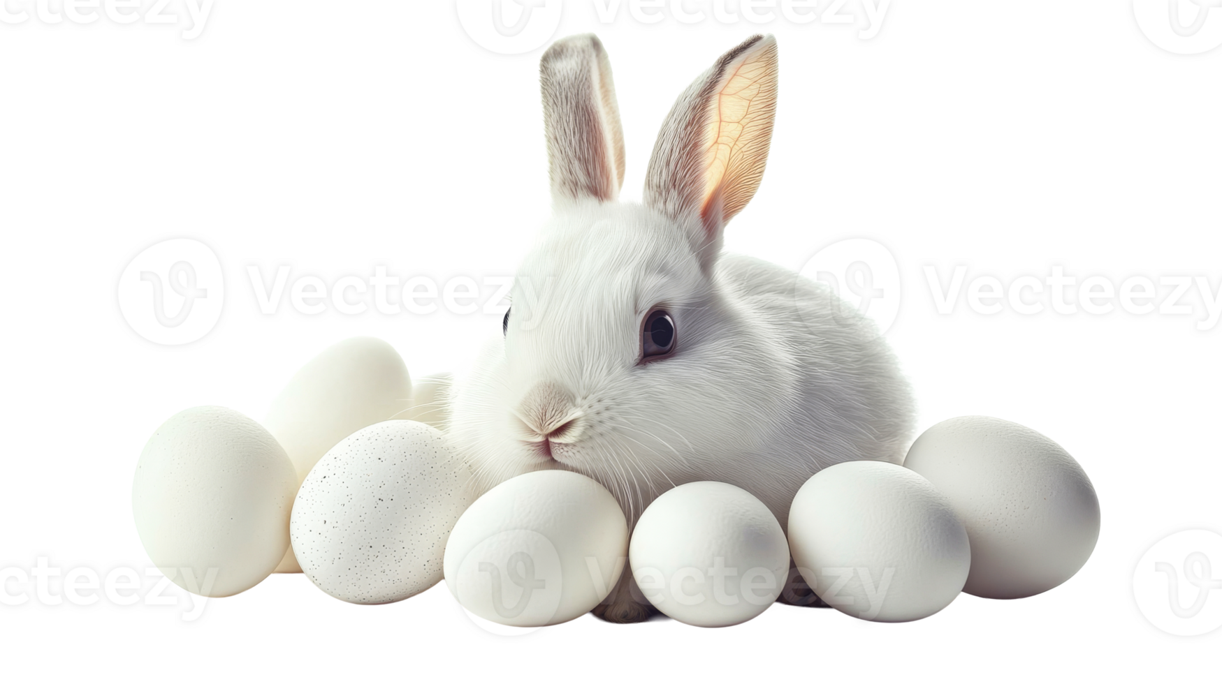White rabbit sitting among eggs in bright setting png