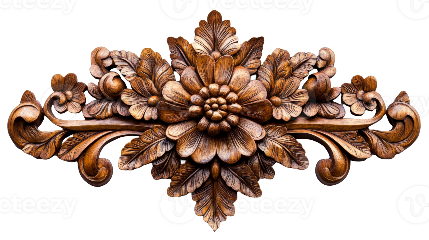 Intricate wood carving with floral design details png