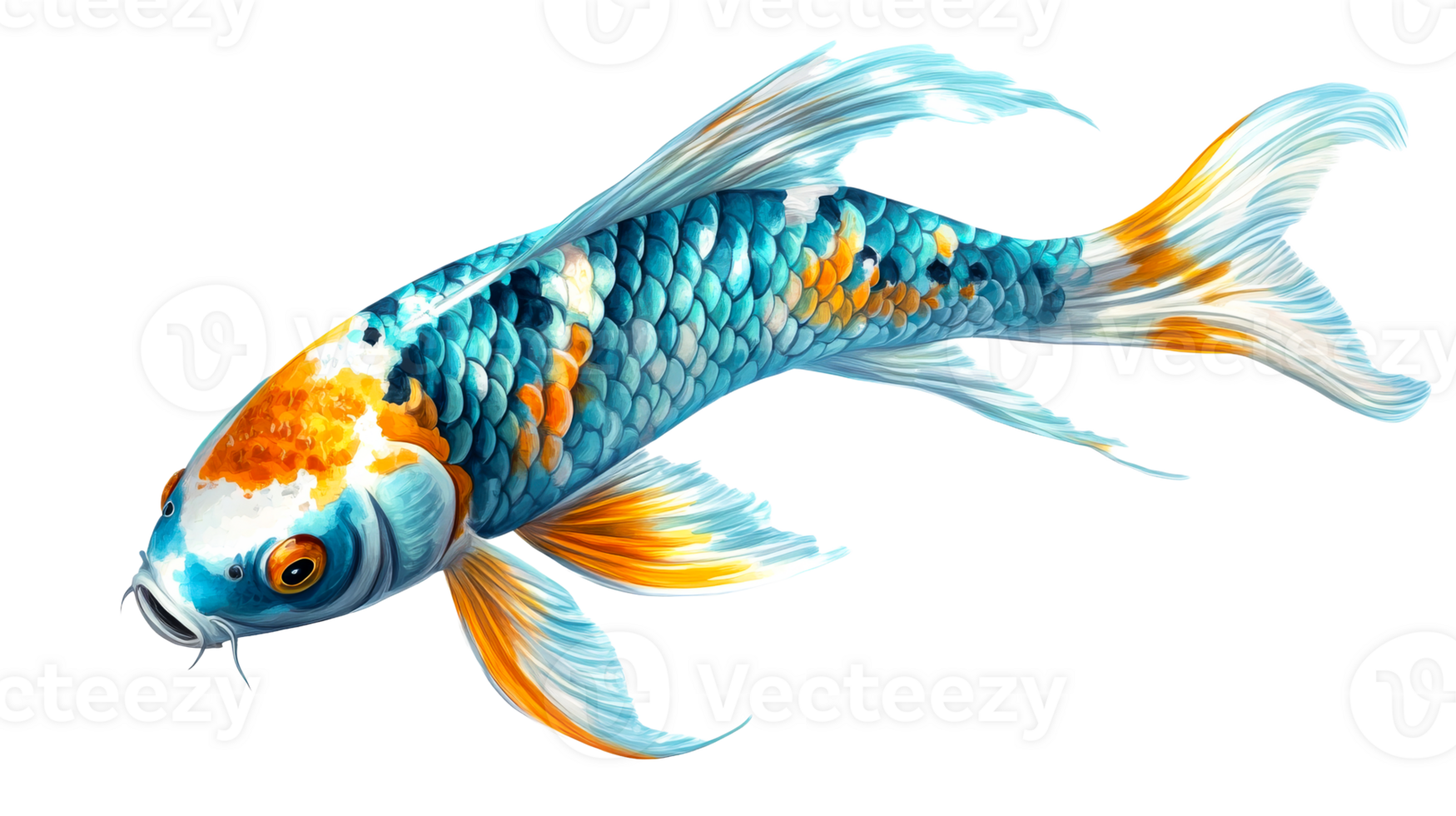 Koi fish with gold and blue scales, cut out transparent png