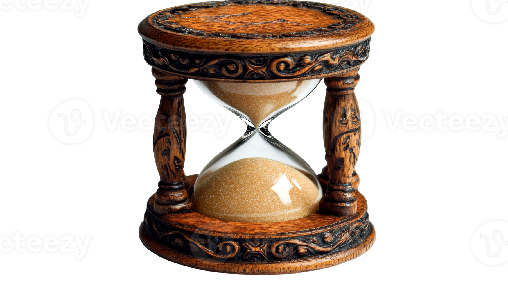 Detailed hourglass with wooden frame, cut out transparent png