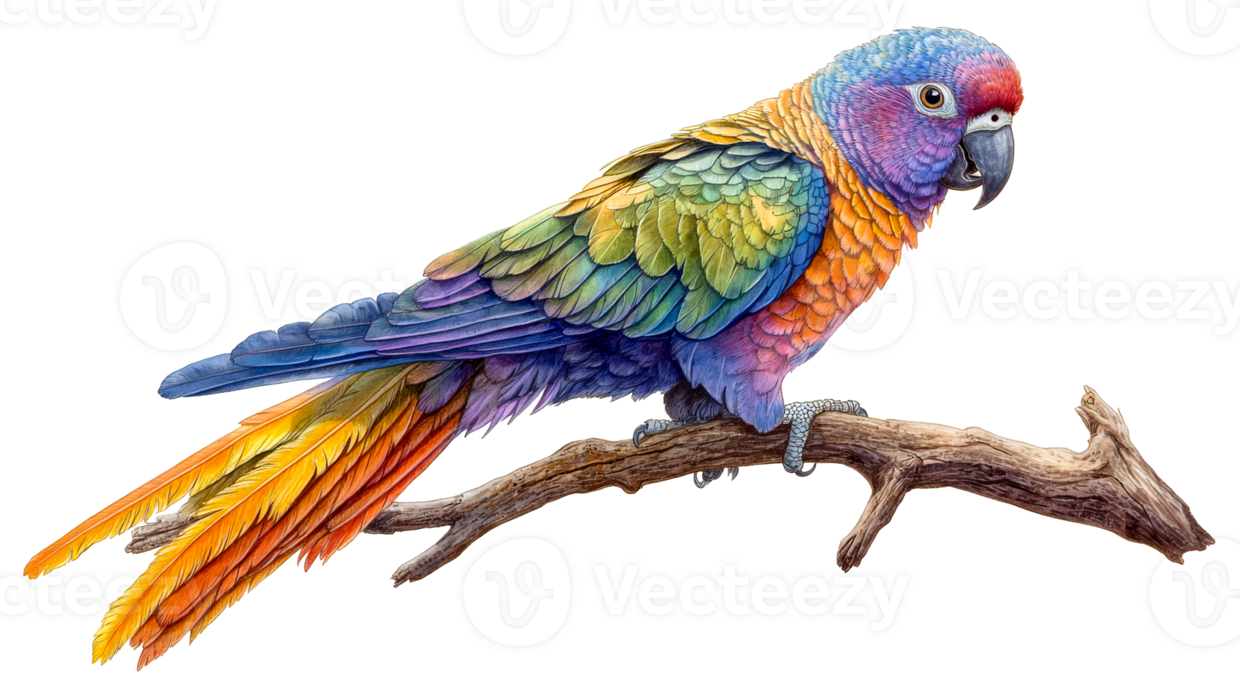 Colorful Parrot on a Branch, cut out transparent png