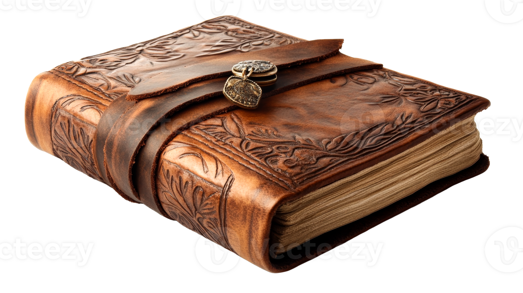 Embossed brown leather journal, cut out transparent png