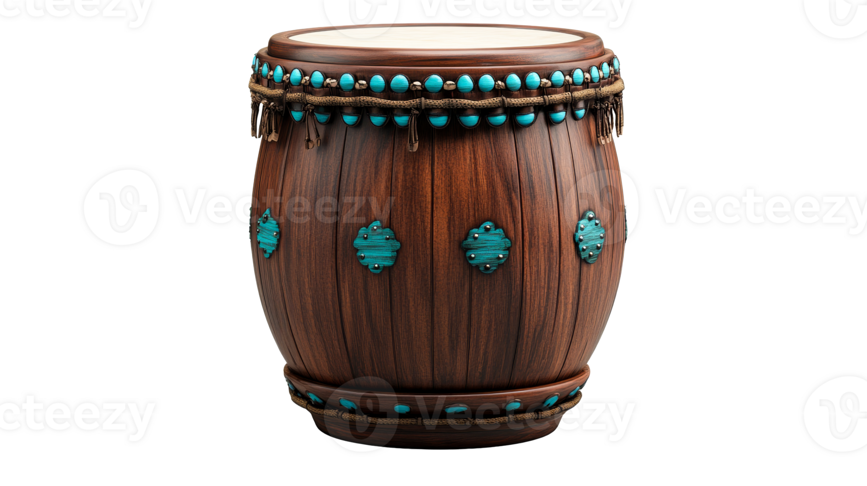 Wooden drum with turquoise accents, cut out transparent png